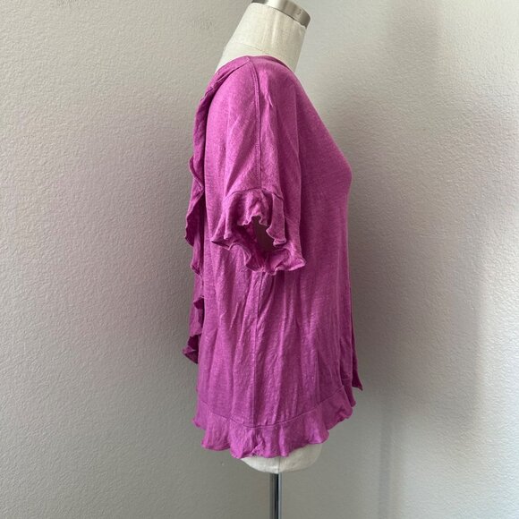 Eri + Ali Linen Blouse Ruffles Sleeves Scoop Neck Cross Back Lightweight Fuchsia - Picture 3 of 11